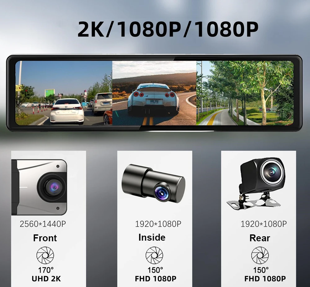 12 Inch 2K WIFI GPS Car Dvr Mirror Dash Cam Three Lens Dshcam Drive Recorder UHD 1440P Stream RearView Mirror IPS Screen Camera