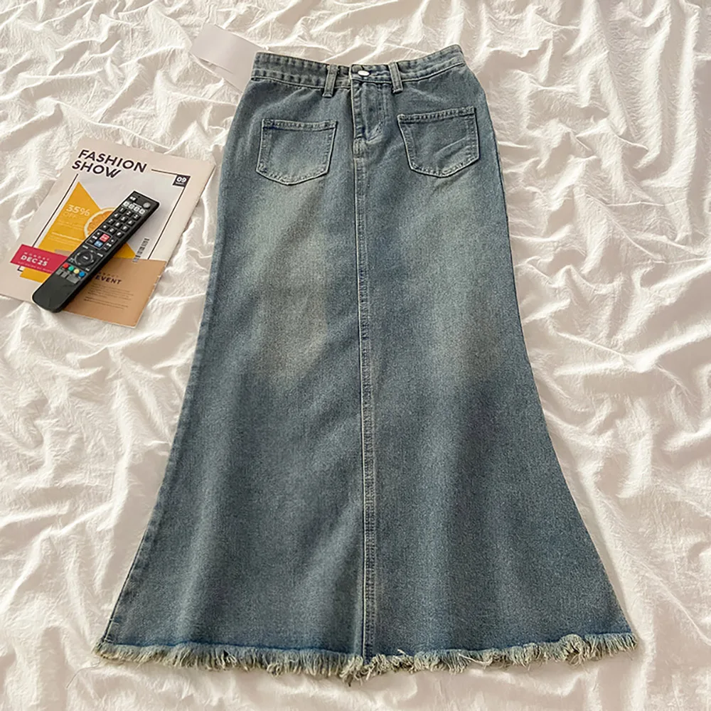 

Retro Blue Denim Skirt Women 2023 New Summer High Waist Raw Edge Tassels Mid-Long A-line Skirts Female Streetwear