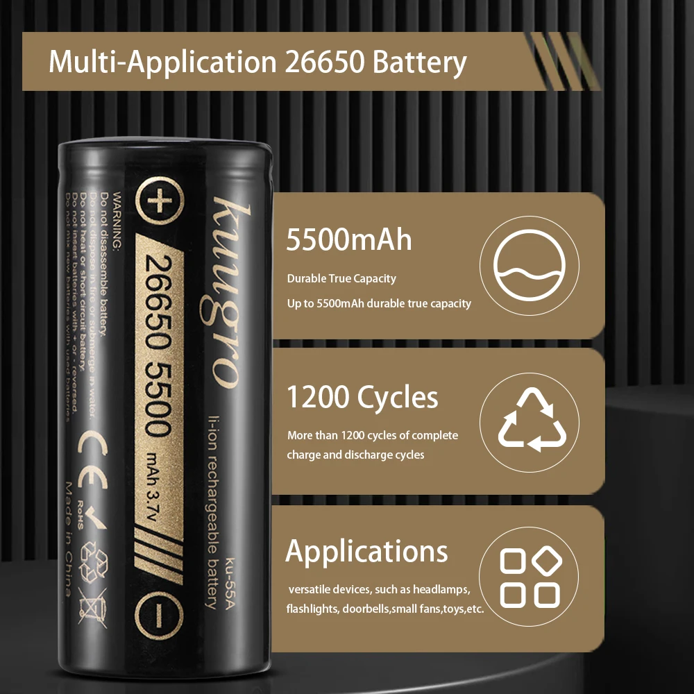 Kuugro Ku-55A 26650 5500mAh Bateria litowa 3.7V 5500mAh 26650-55A Akumulator do ponownego ładowania, odpowiednia do latarki, 1-20 sztuk — zdjęcie produktu 3