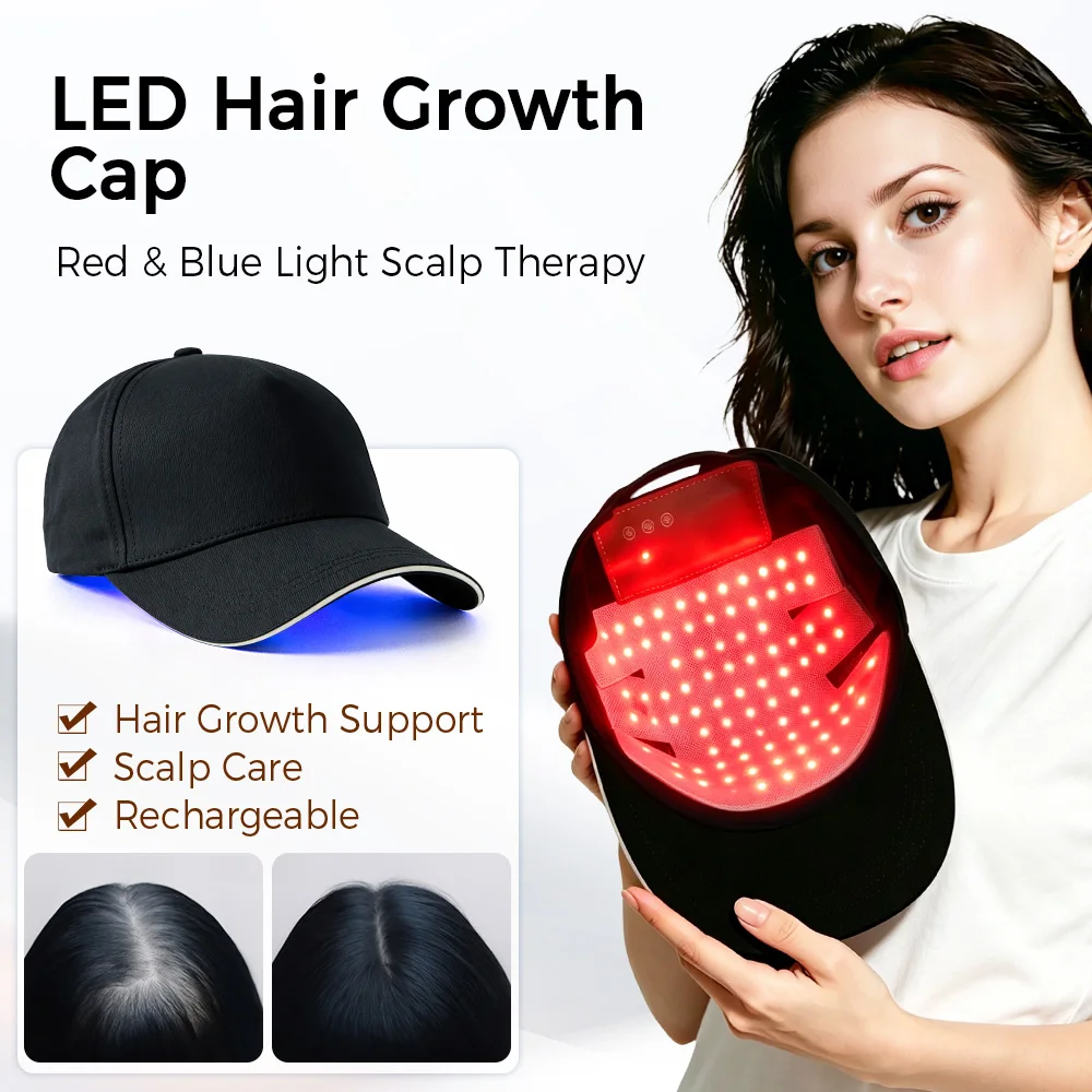 LED Hair Growth Cap Red Blue Light Therapy Hat 630nm 470nm Scalp Care Device Rechargeable Hair Regrowth Treatment Cap