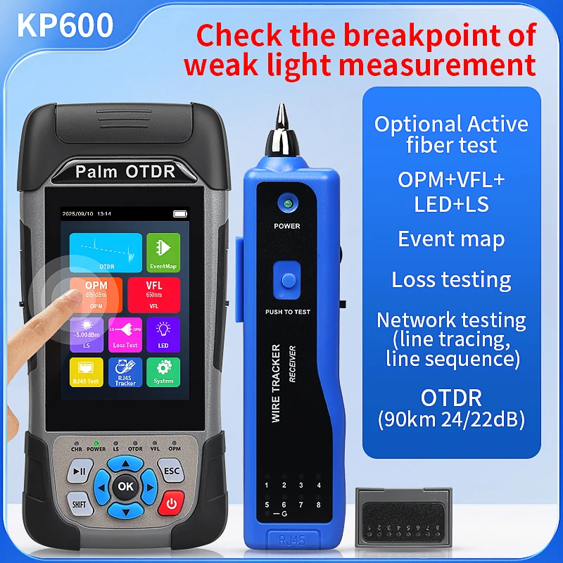 KP600 90km OTDR Reflectometer with Touch Screen Event Map OPM VFL RJ45 Tester 22/24db 1310nm 1550nm 1610nm 1625nm (Optional)