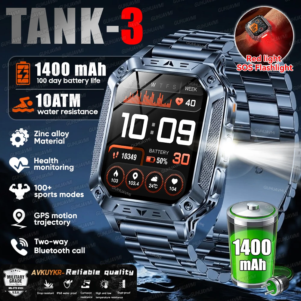 

Новые военные смарт-часы 2026 года с аккумулятором 1400 мАч, AMOLED-экраном 2,01 дюйма, LED-фонариком, водонепроницаемые, с функцией звонков по Bluetooth, спортивные смарт-часы для мужчин
