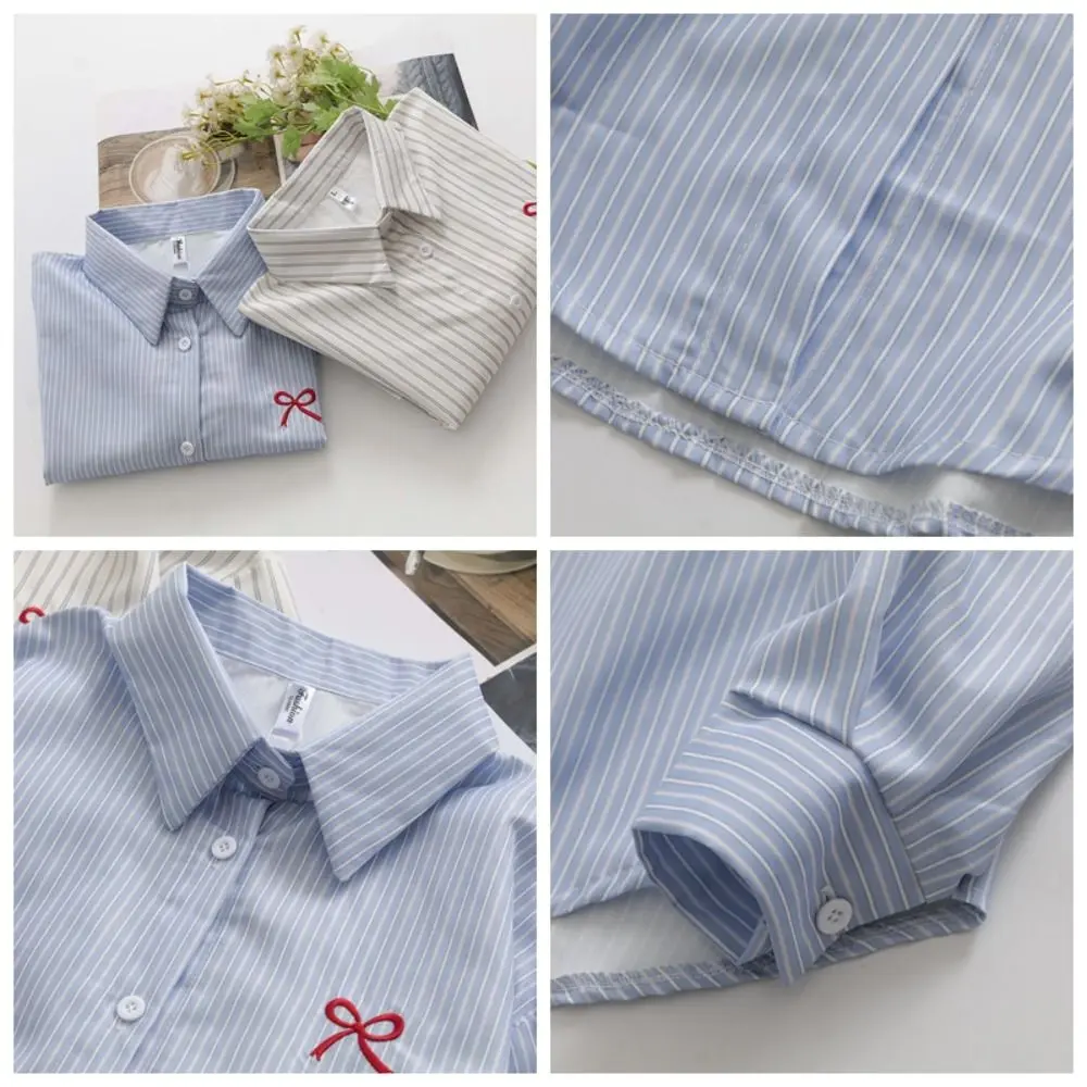 Y2K Striped Button Up Shirts Preppy Style Embroidery Bowknot Stripe Blouse Women Spring Autumn Loose Long Sleeve Blouse Girls