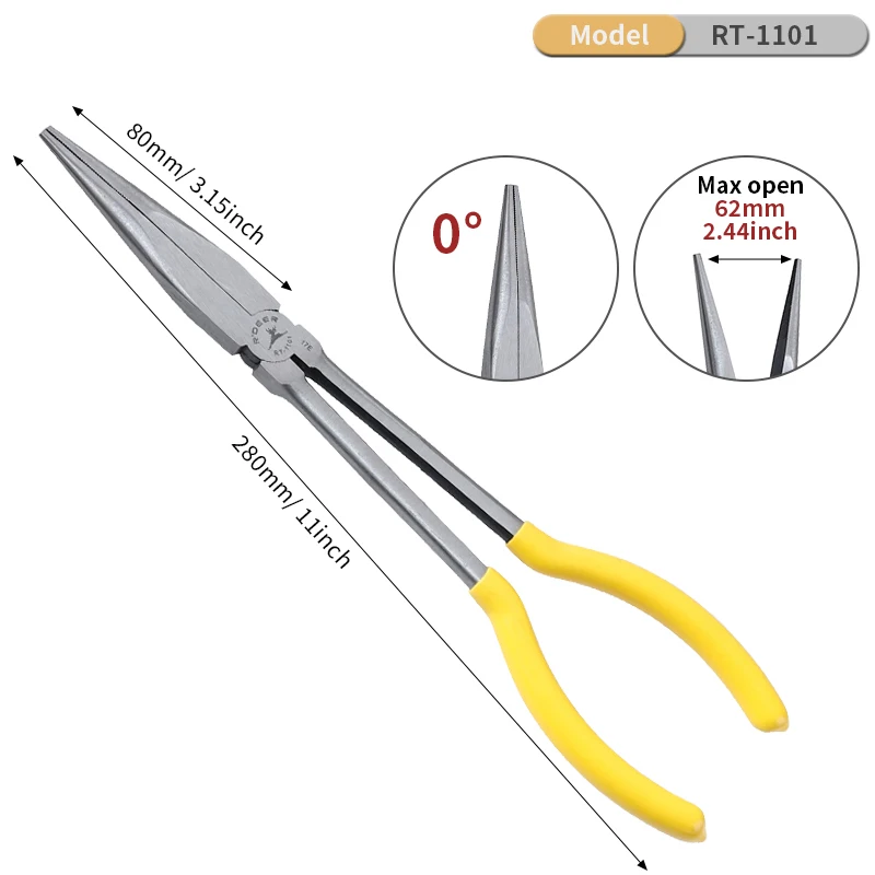 11In Tip Pliers High Carbon Steel 45° Bending and Straight Tip Long Nose Pliers with Anti-Slip Handle for Narrow Spaces