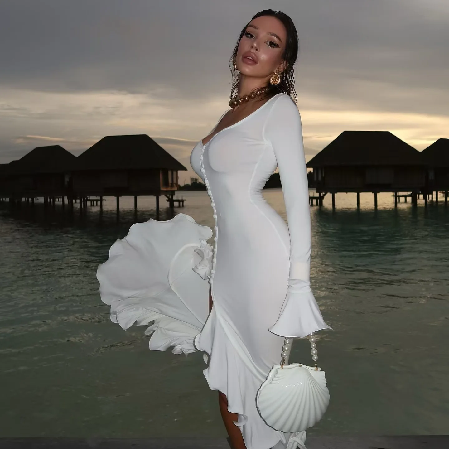 Lente Zomer Nieuwe Zoete Pittige Sexy Drifting Lotus Afslanken Dr Vrouwen V-ne Andere Materialen Faionable Ele