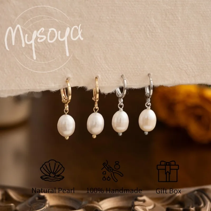 

Серьги Mysoya с круглыми пресноводными жемчужинами в форме рисового зерна, 7-8 мм, подарочная коробка, подарок на день рождения, свадьбу для нее/него