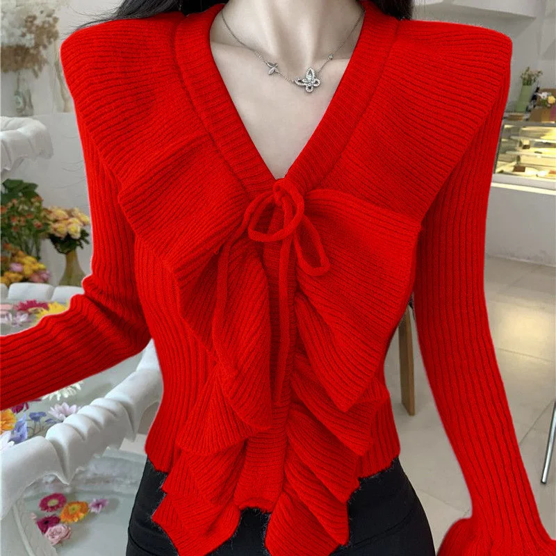

Fashion Lotus Leaf Edge Knitted Sweater Women's Autumn Winter 2025 New Design Sense Slim Short Sweater Pullover Top Knitwear