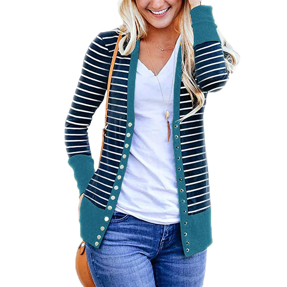 Cardigan single breasted stripe color long sleeve coat woman