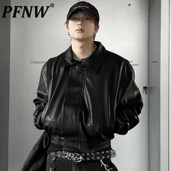 PFNW Menswear Simple High-end Short PU Leather Jacket Men's Casual American Vintage Biker Jackets Tide Loose Black Coat 12C1601