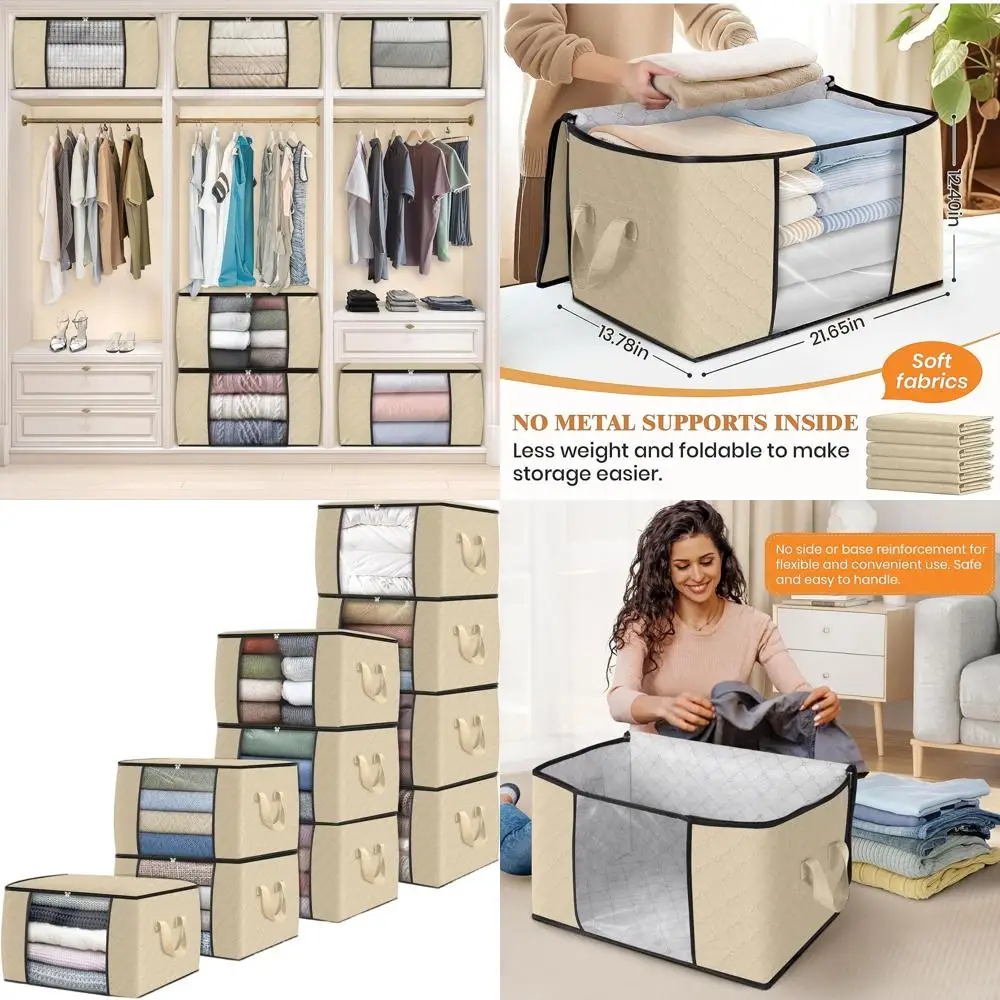

Collapsible Thick Fabric Blanket Storage Bags with Handles for Bedroom, Closet, and Clothing Organization in Beige