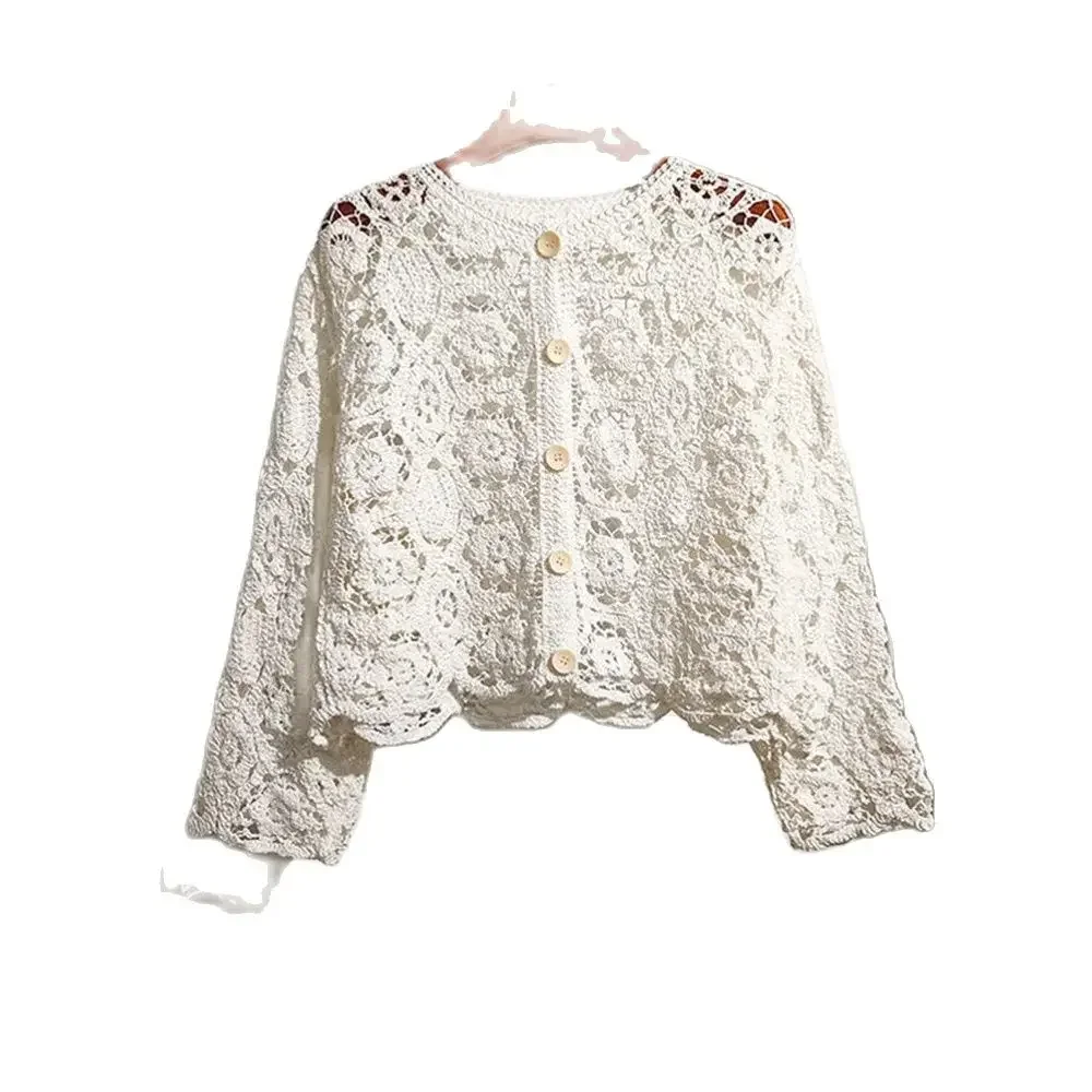 2024 spring and summer O neck long sleeve solid casual Hollow Cardigan Female Korean Lace Small Shawl Cotton Cardigan female