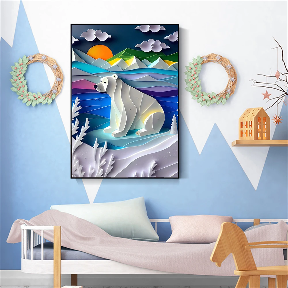 

Polar bear paper cut print art children's room wall decoration children's room canvas poster kindergarten print home decoration