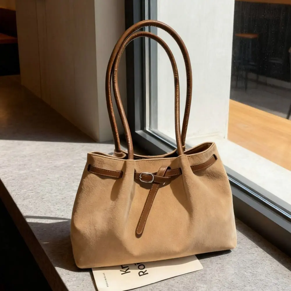Korean Style Suede Tote Bag Solid Color PU Leather Suede Leather Shoulder Bag Brown Buckle Belt Decorative Matte PU Handbag