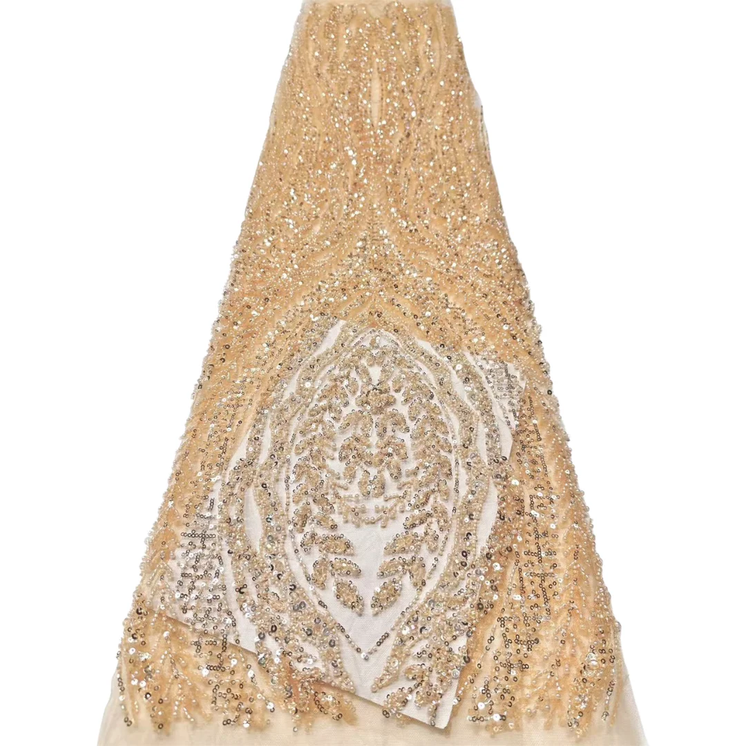 Lastest Sequin Beaded Lace Vertical Morocco Arch Motif Handmade Embroidery French Mesh Fabric For Nigerian Wedding Dress Sewing