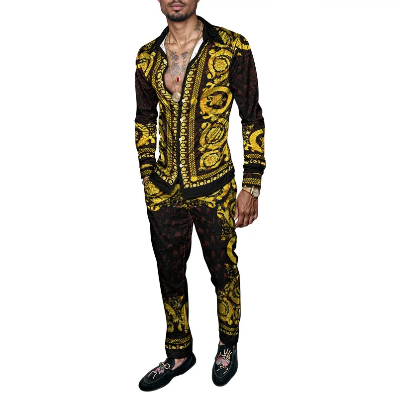 2025 Spring Summer Men Shirt Set Print Fashion Printing 2 Piece Set Mens Light Luxury Lightweight Party Long Sleeves Ropa Hombre