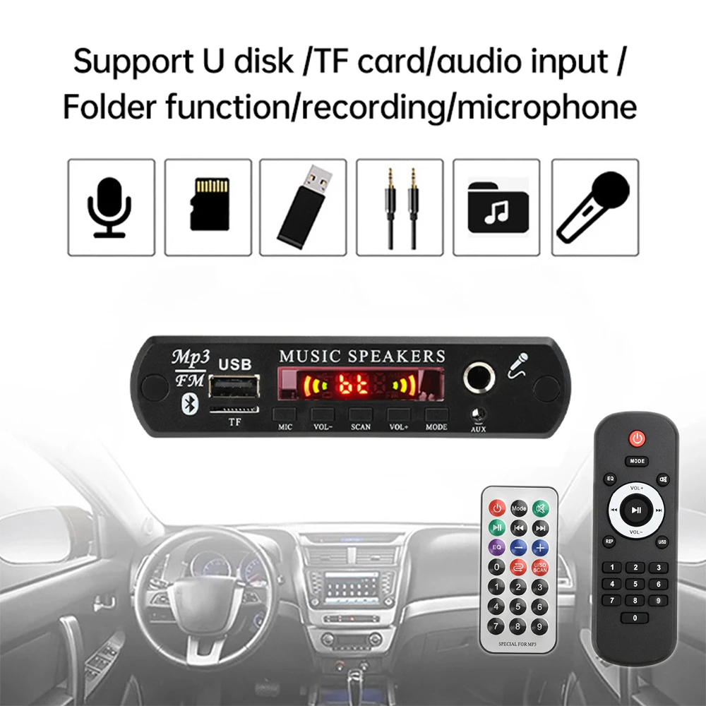 

DC12V Bluetooth 5.0 MP3/WMA/WAV/FLAC/APE Audio Decoding Module With Remote Control Without Amplifier With Microphone Function