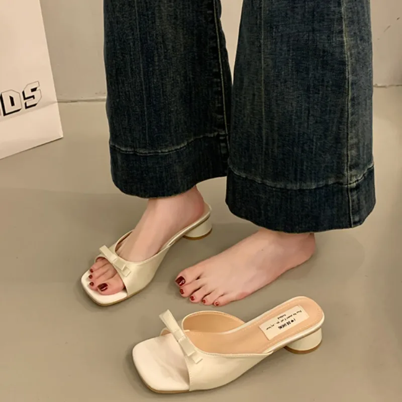 

2025 New Design Square Toe Women Sandals Sexy Slip on Thick Heels Slippers Banquet Prom Slippers Shoes