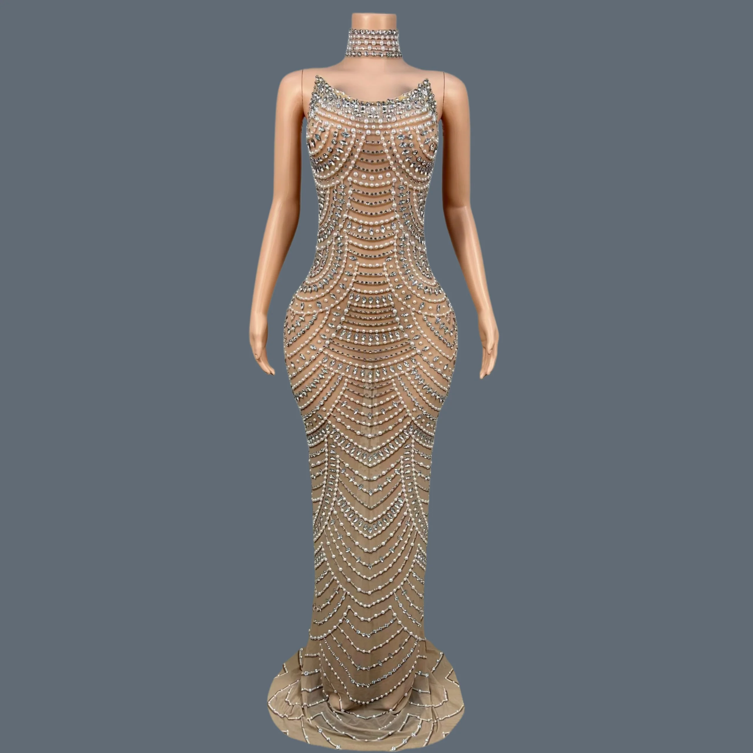 

Women Sexy Elegant Prom Beaded Backless Evening Gown Luxury Sparkly Sparkly Rhinestone Pearls Homecoming Long Dresses Jianjian