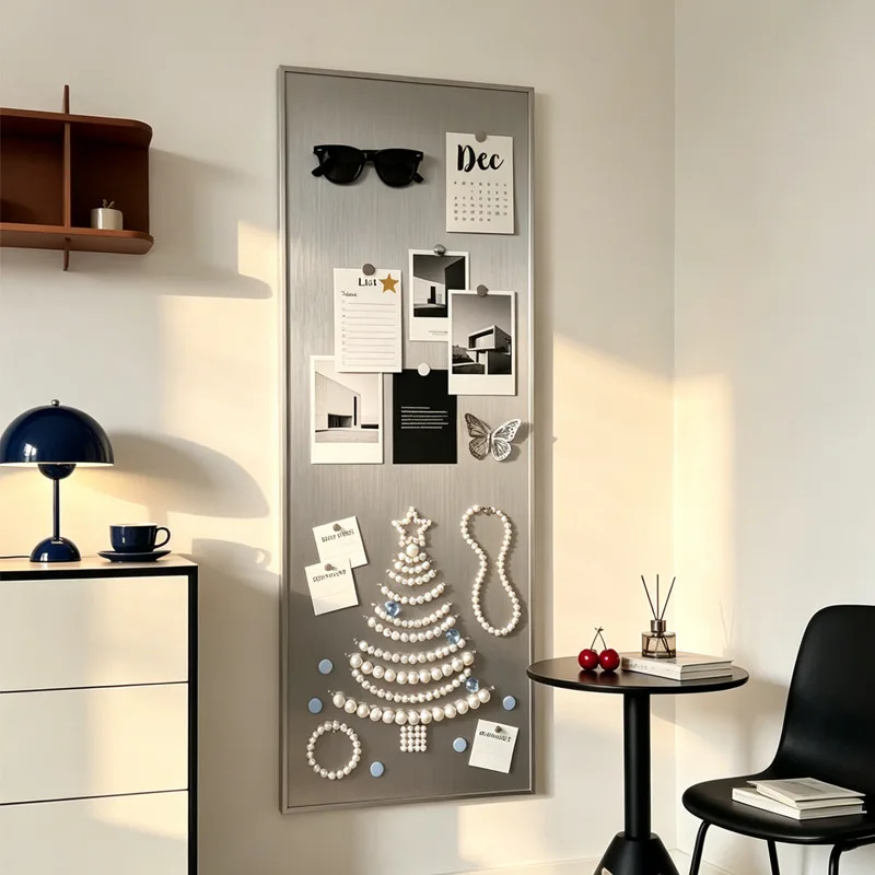 Wall Mounted Metal Memo Board with Magnetic Pins for Photos Notes Decor Silver Frame Office Home Organization Display
