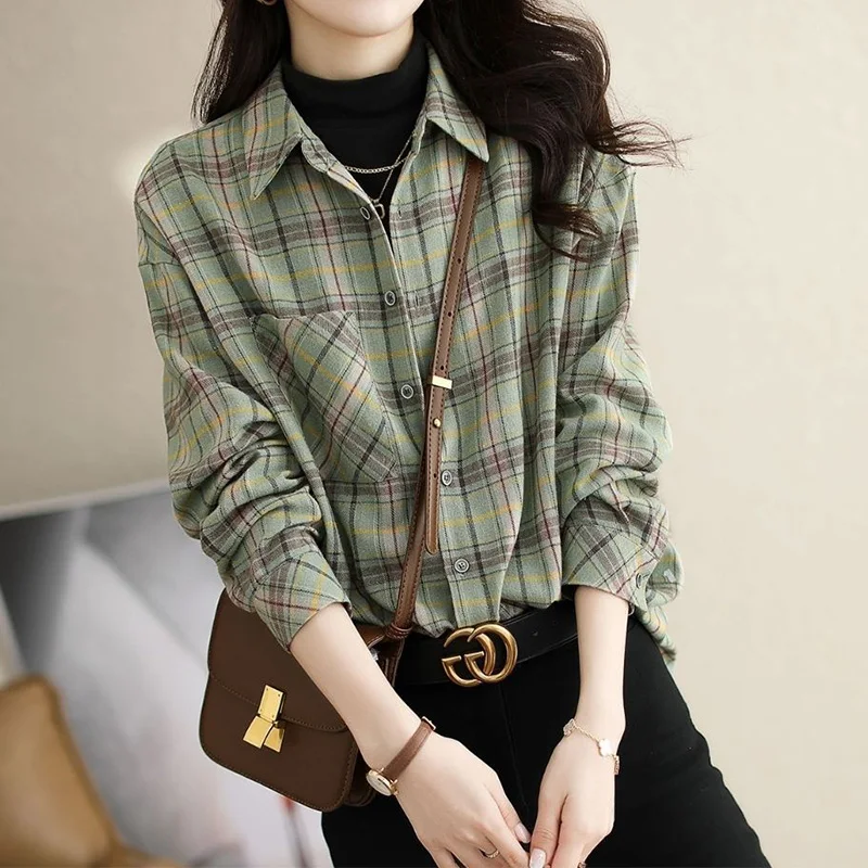 Brushed Plaid Shirt for Women Korean Polo-Neck Pockets Patchwork Single Breasted Women\'s Spring Autumn Retro Long Sleeve Shirt