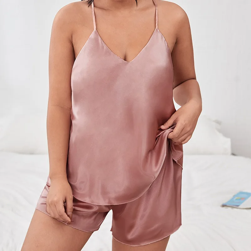 Conjunto de pijamas de seda imitação de duas peças para mulheres, pijama halter sexy, conjunto para casa fashion, plus size, adiciona gordura