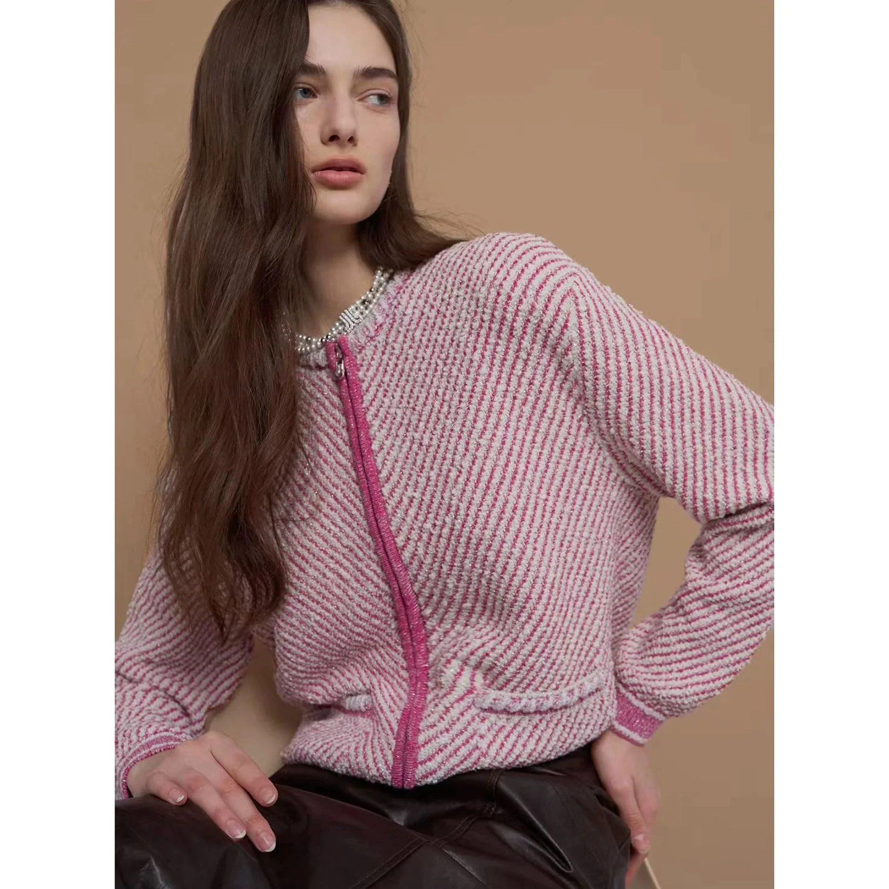 

Lemon Cheese LAN25 Осенний антивозрастной модный круглый вязаный кардиган с бисером, верхняя одежда, женский свободный крой, длинная молния све