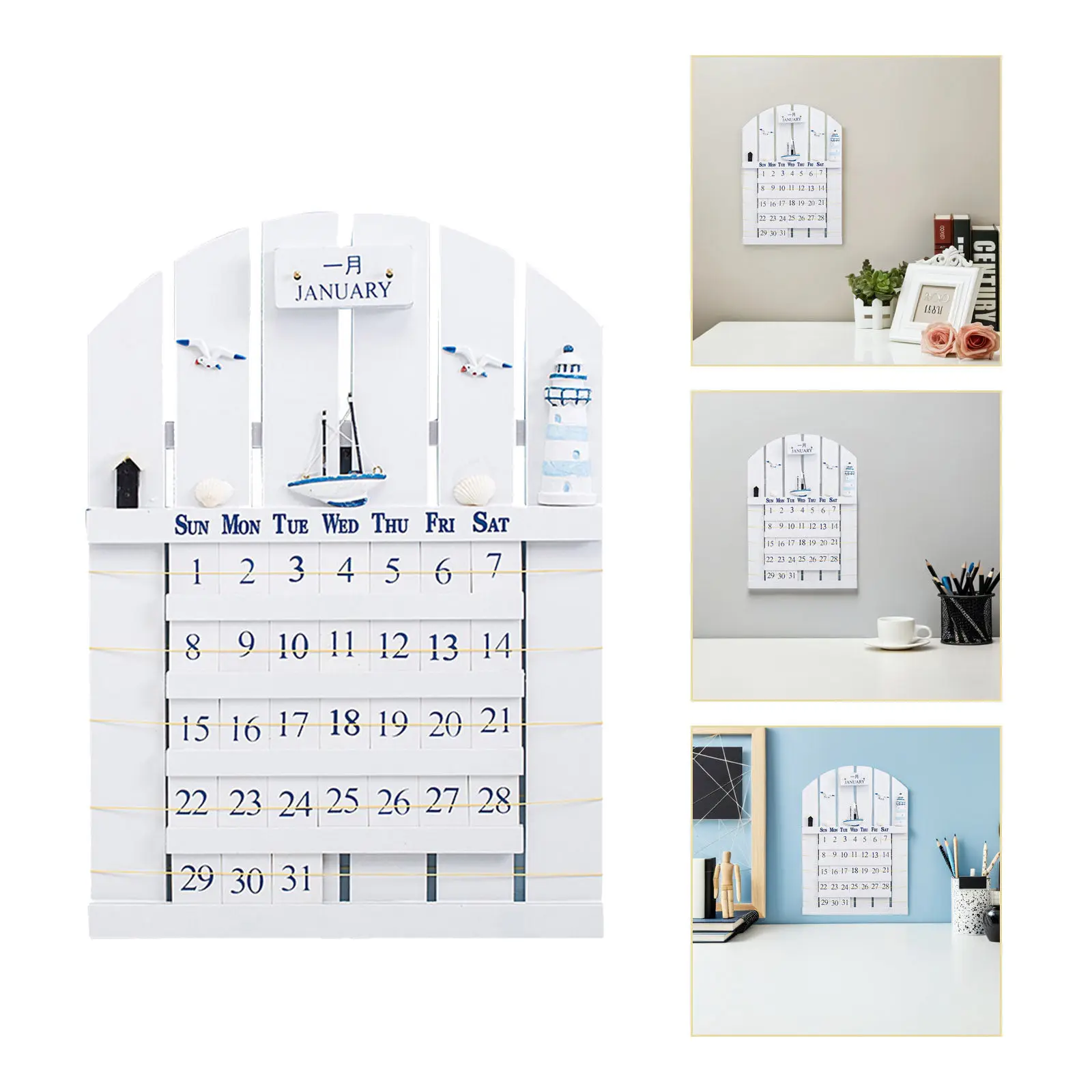 

1Pcs Decorative Wooden Wall Calendar Perpetual Design Mediterranean Style Thick Corrosion Resistant Wood Board for Living Room