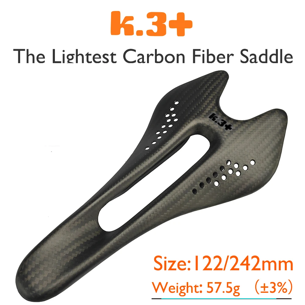 

K.3+ Carbon Fiber MTB Saddle 242x132/122mm - Lightweight Mountain Bike Seat for Gravel Road Cycling, Black Logo Design