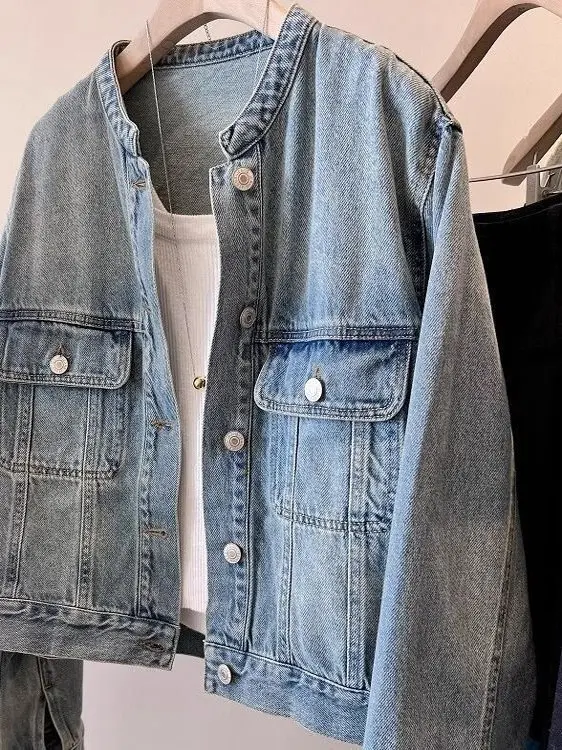 

Spring Washed Soft Denim Stand Collar Short Jacket Women's Casual Style Retro Korean Light Color Block Loose Fit Long Sleeve