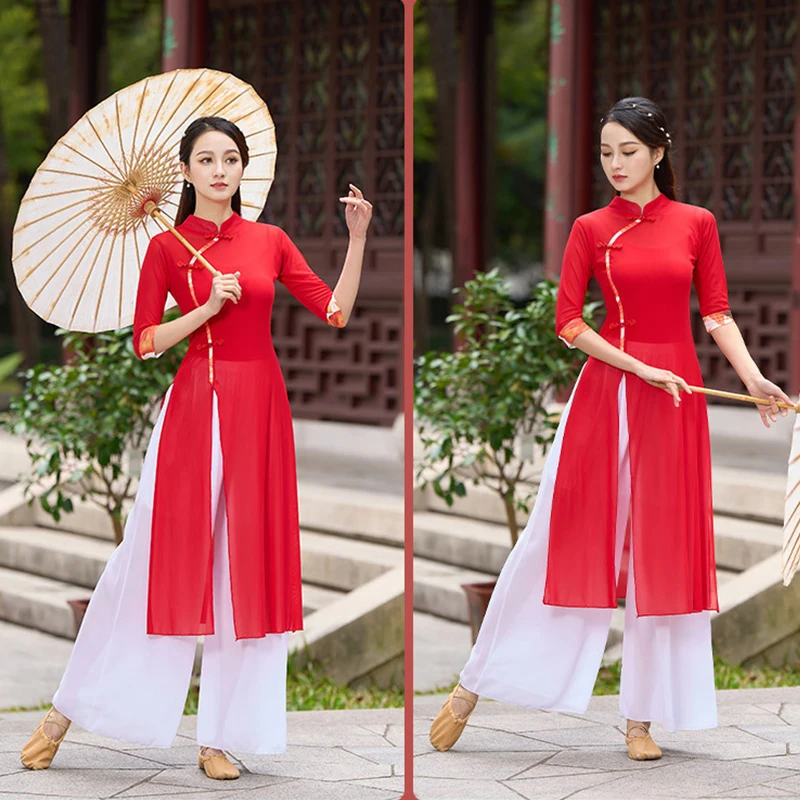 Women Classical Dance Performance Costume Elegant Hanfu Ethnic Style Jiangnan Umbrella Dance Fan Dance Yangko Dress  Cheongsam