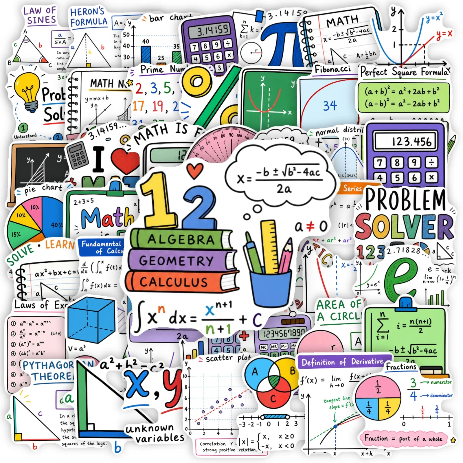 50 Math Formula Stickers — School Study Stationery Decorative Stickers for Notebooks, Phone Cases & Water Bottles