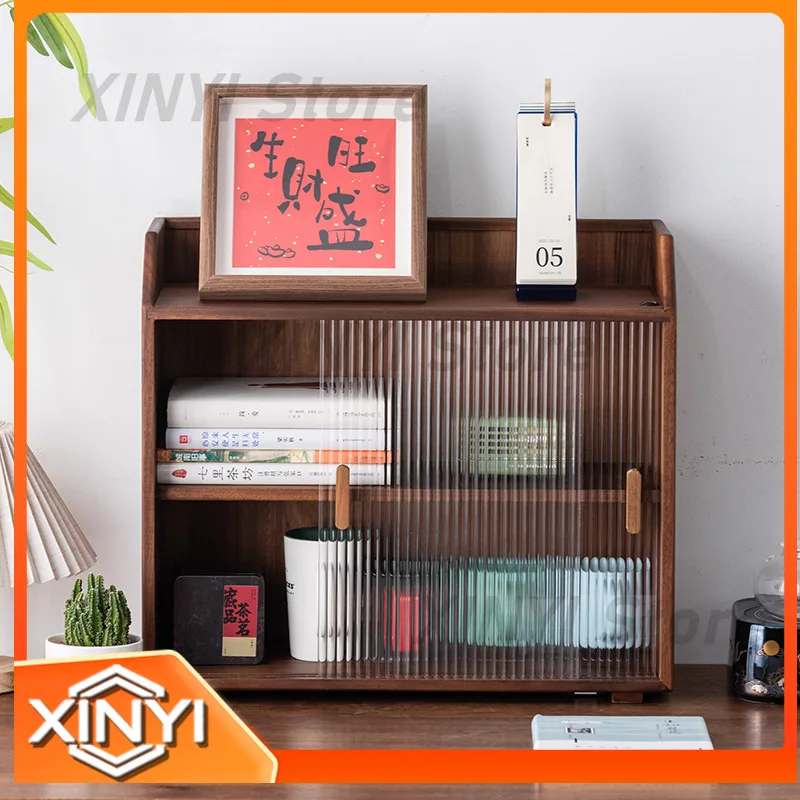 LED Light Walnut Wood Storage Box Desktop Dustproof Cabinet for Tea Sets Office Stationery Organizer Shelf