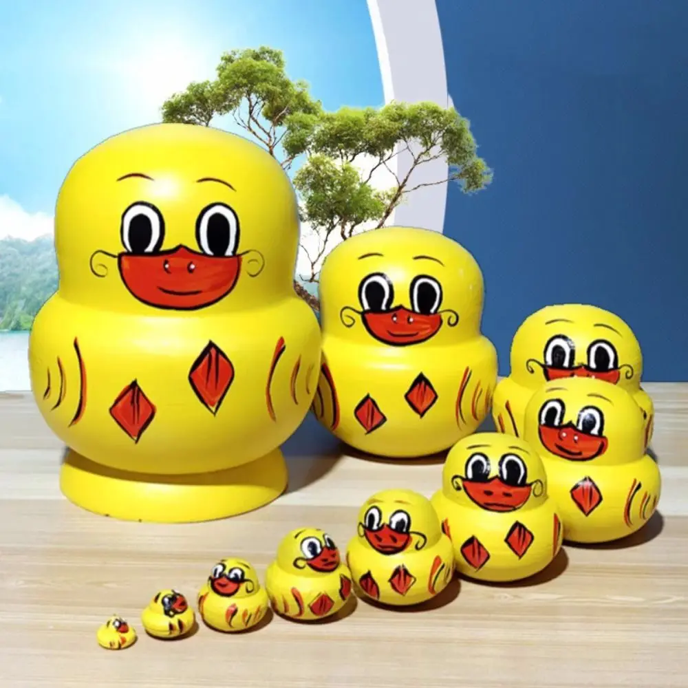 

Xmas Festival Gift 10 Layer Nesting Yellow Duck Wooden Matryoshka Handmade Animals Pattern Stacking