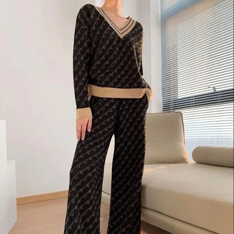 Autumn Winter V-neck Fashion Jacquard Solid Color Knitwear Sweater Women Casual Office Lady High Waist Wide Leg Two-piece Set