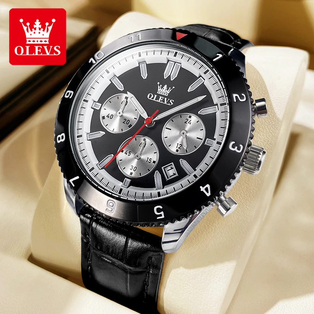 OLEVS Exclusive Customize Men's Quartz Wristwatch Luxury Leather Strap Waterproof Date Chronograph Multifuncitonal Watch for Men