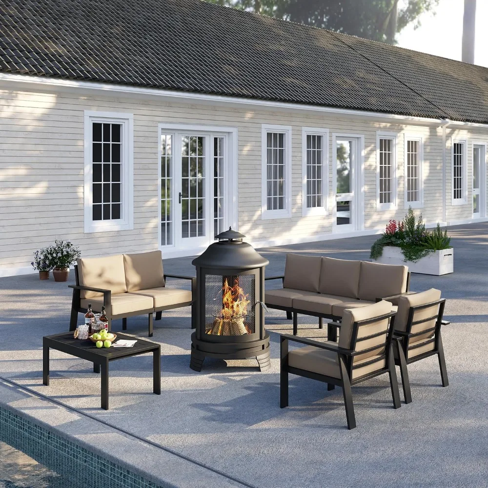 

Outdoor 2-in-1 Fire Pit Courtyard Furniture, Backyard Aluminum Garden Furniture Set with Large Fire Pit Fireplace