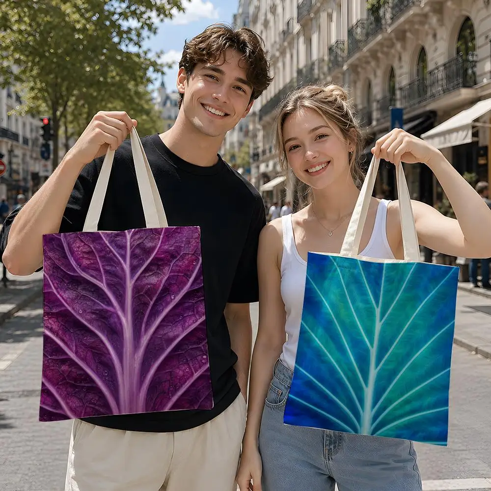 Botanical Fresh V-Vegetable Leaves Print Storage Bags Reusable Canvas Tote Suitable for School Class Commuting Shopping as Gifts