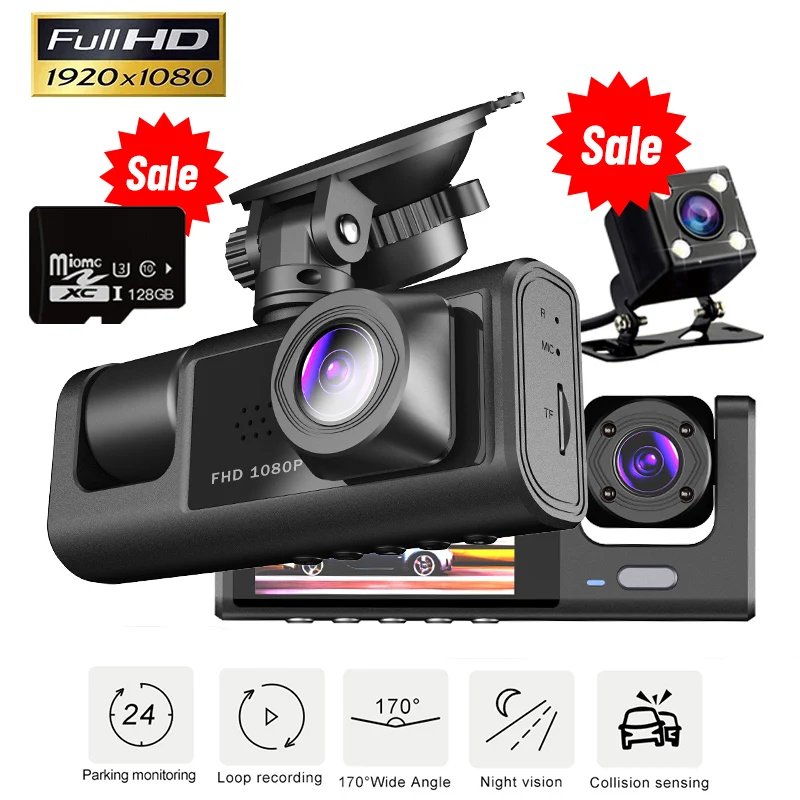 Car DVR Camera Front and Rear Camera 3Lens Inside Vehicle Dash Cam Car Video Recorder Dashcam 1080P Night Vision Driver Recorder