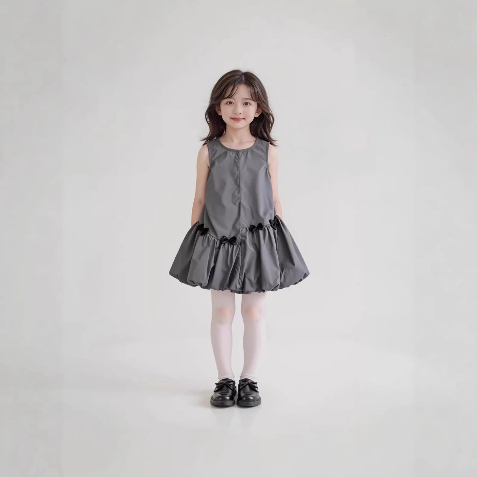 2026 Summer New High-End Gray Bow Stylish Bud Dress Girls Dress Sweet and Cool A-Line Dress