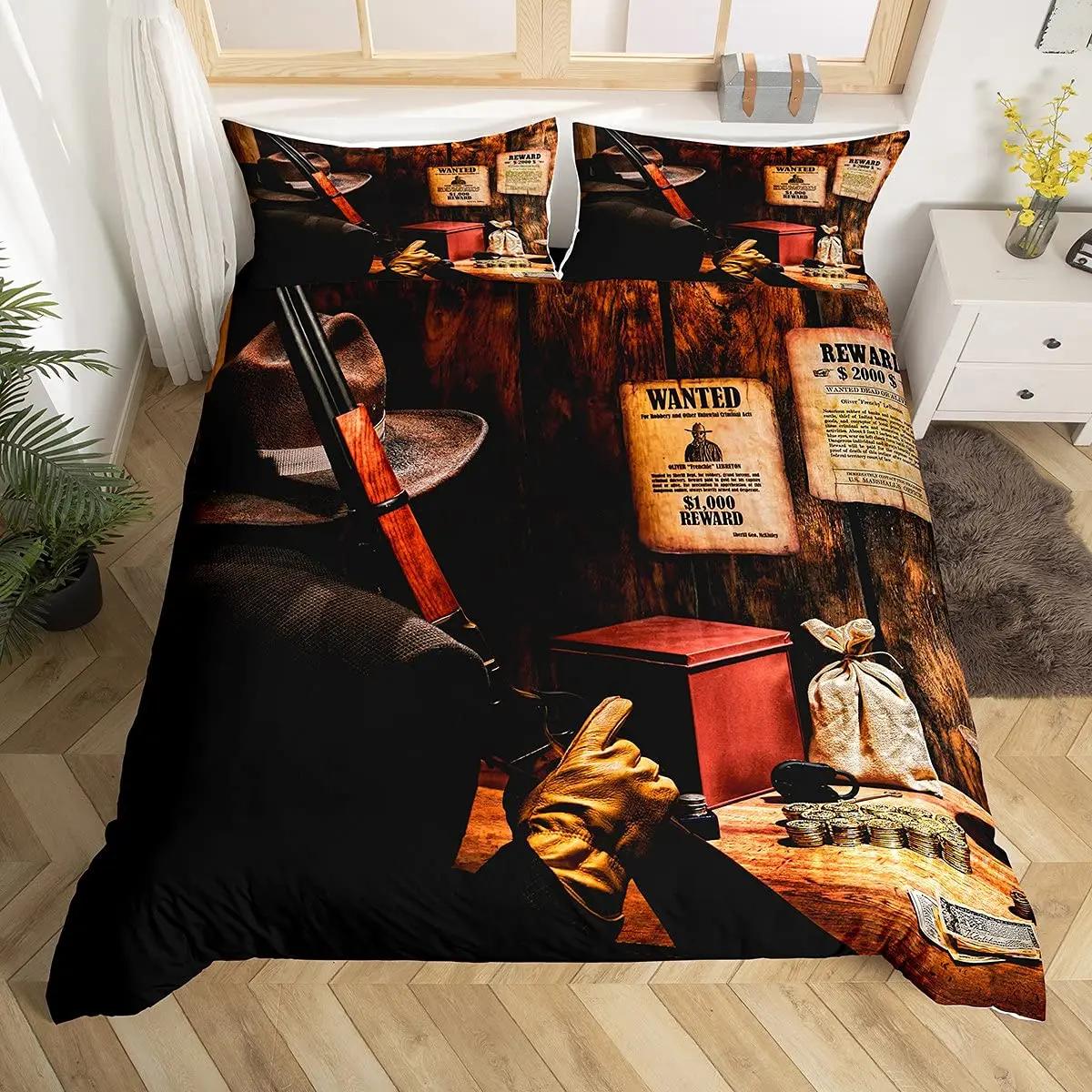 

Western Cowboy King Queen Duvet Cover Black Shotgun Bedding Set for Kids Teens Adults Exotic Retro Style 2/3pcs Soft Quilt Cover