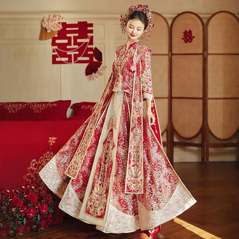 New Chinese Style Engagement Banquet Dress Bride's Toast Dress Cheongsam 2024 New Wedding Dress High-end Beading Dress