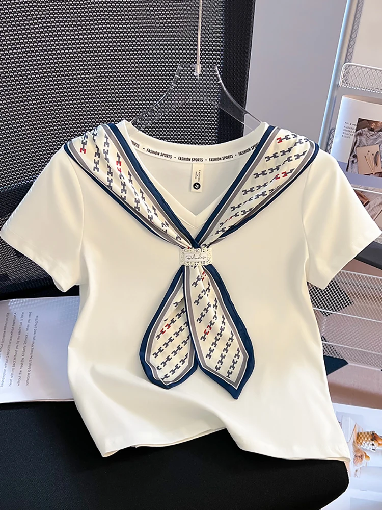 

Женская летняя футболка Slim Fit с V-образным вырезом, модный дизайн, шелковый шарф, длина до плеч, стандартный крой, корейская версия