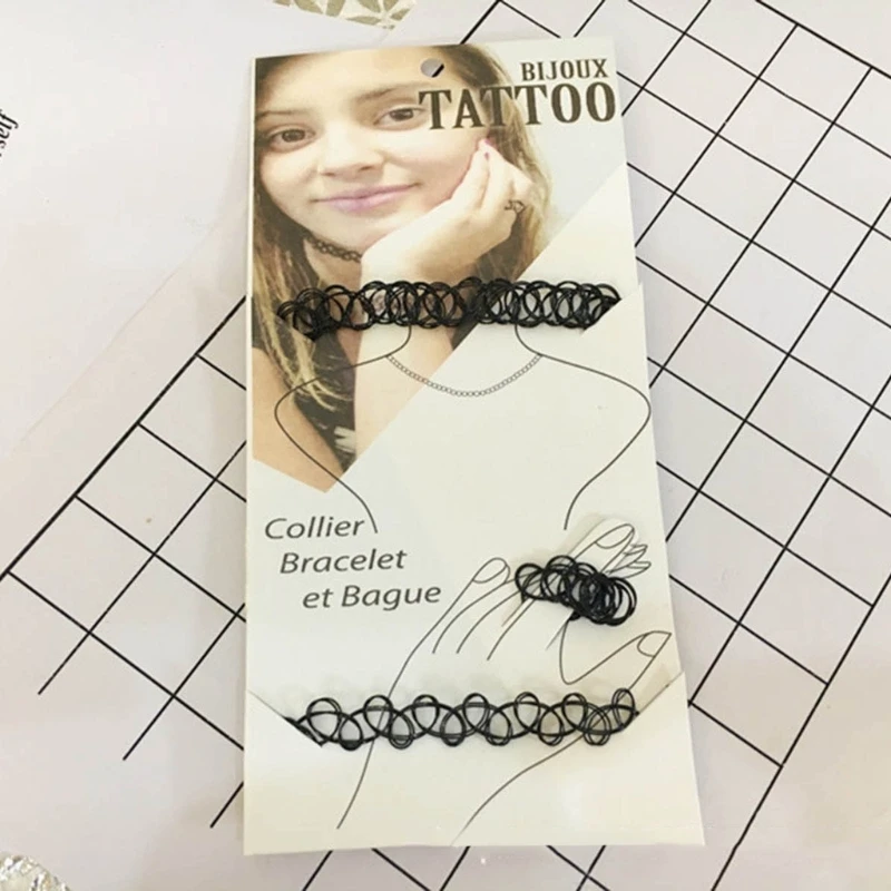 2023 New 3Pcs Black Tattoos Choker Bracelet Ring Elastic Stretchable Chokers Gothic Tattoos Choker Chain Jewelry for Women Girls