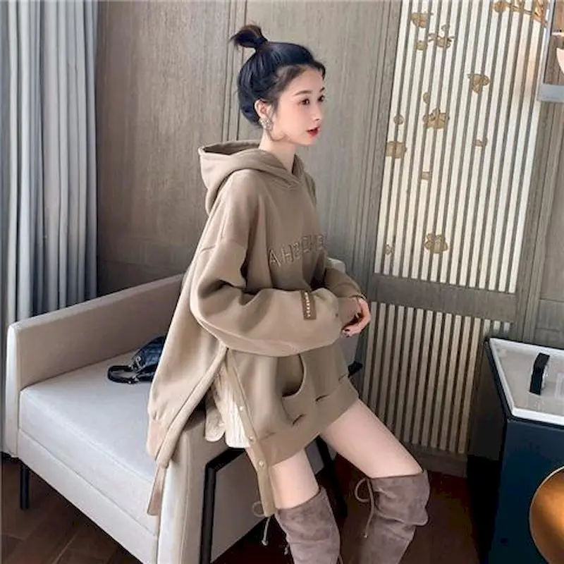 Fashion Hoodies Women Autumn Winter Trendy Plush Thicken Hooded Coats Casual Design Loose Hoodie Korean Style Split Hem Y2k Tops