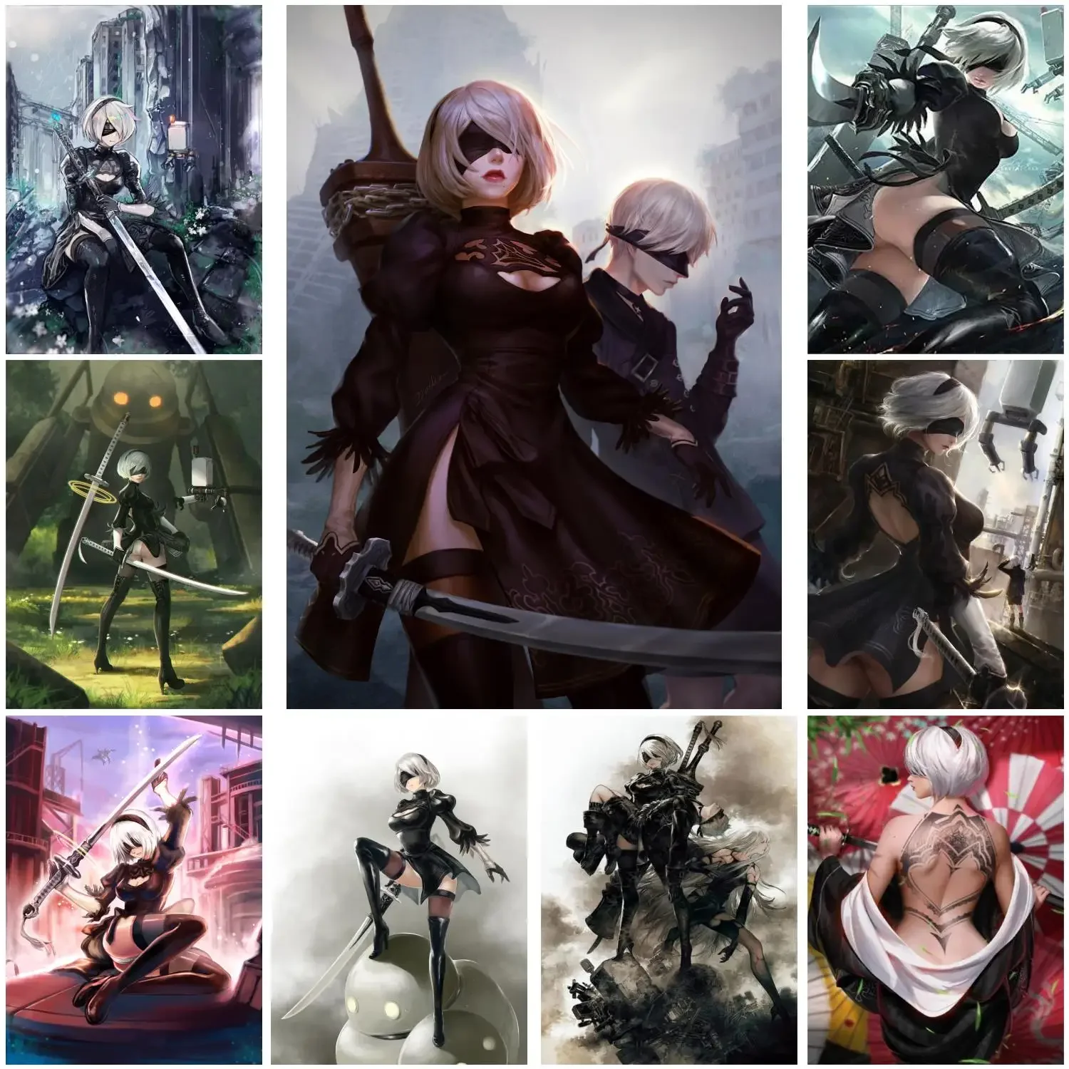 2b nier automata game Poster Prints Wall Art Canvas Painting Poster For Modern Family Living Room Home Decor