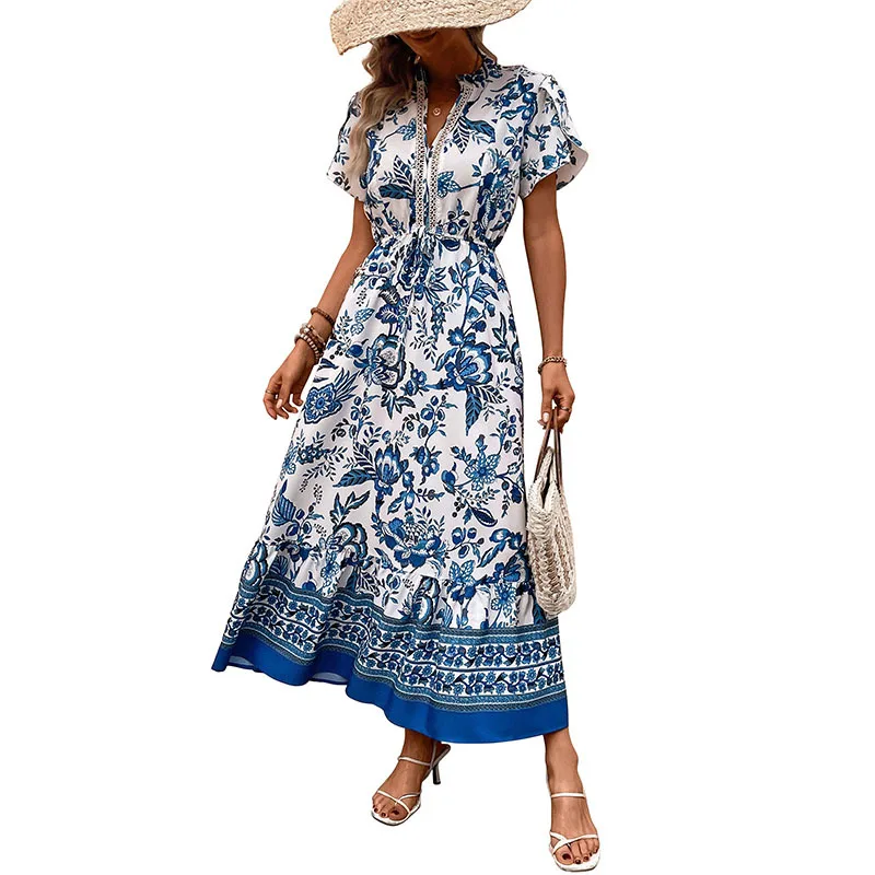 Recién llegado, vestidos Maxi elegantes con estampado Floral para mujer, cuello en V, lazo en la cintura, perfecto para looks bohemios elegantes de verano