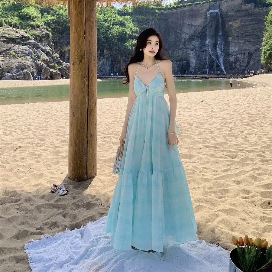 

V-Neck Long Dress Purple Mint Green Strapless Beach Vacation Women's Skirt Design Sense Holiday Dress Casual Maxi Gown