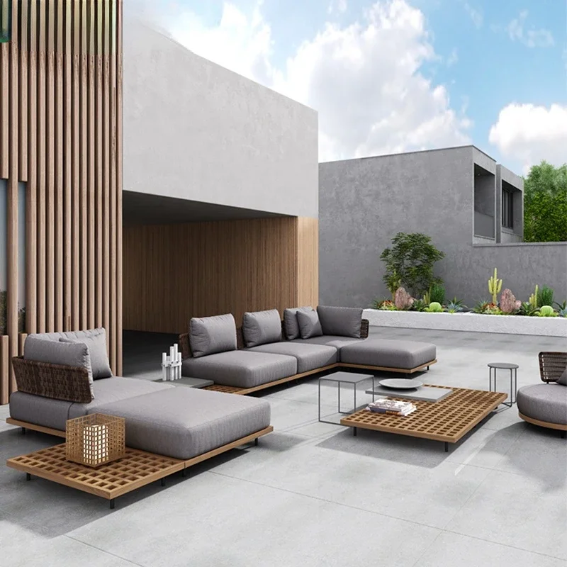 

Outdoor rattan sofa combination courtyard outdoor garden waterproof sunscreen rattan chair villa solid wood leisure furniture