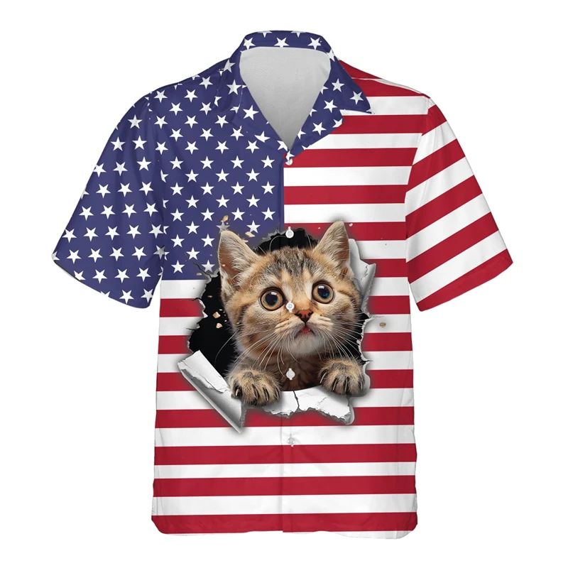 

Shorthair Cat America Flag Graphic Shirts For Men Clothes Pet Felis Catus Lapel Blouse Casual Unisex Blouses Cute Animal Shirt