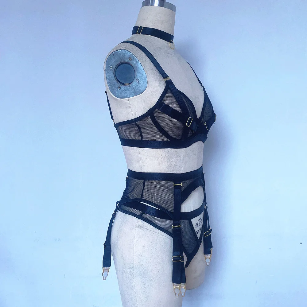 Cross-border new black mesh heavy-duty push-up bra with steel ring garter belt sexy sister lingerie set neck strap